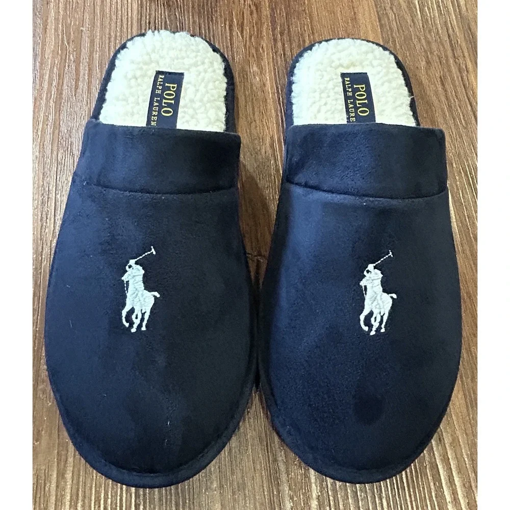 Polo Ralph Lauren Men's Klarence Scuff Slippers Navy, White Pony Sz 8 New In Box